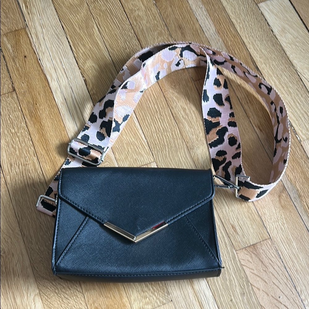 SOLD-  Black Crossbody Bag with Leopard Strap